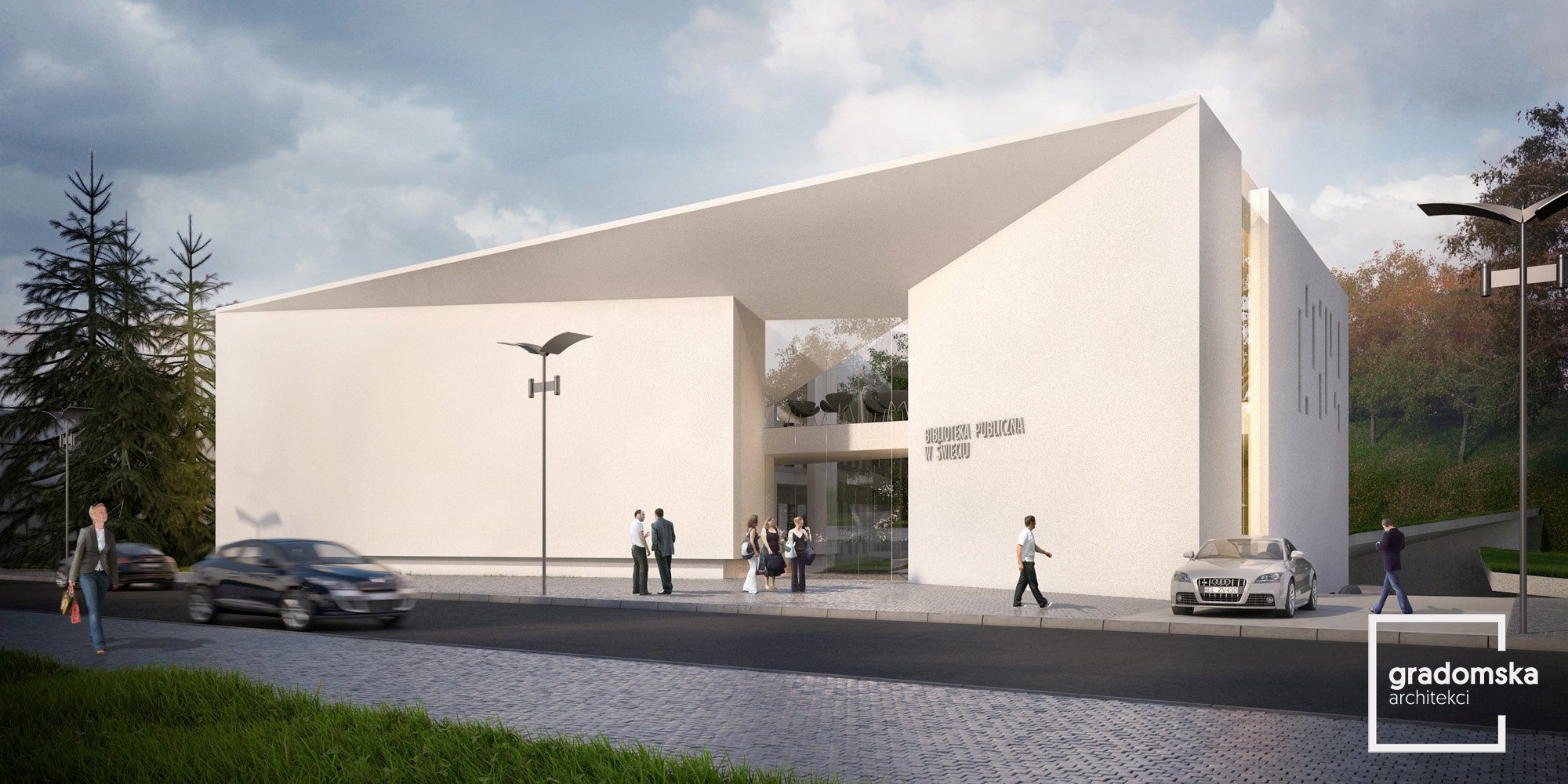 Projekt koncepcyjny biblioteki miejskiej w Świeciu. Gradomska Architekci. Wizualizacja 1