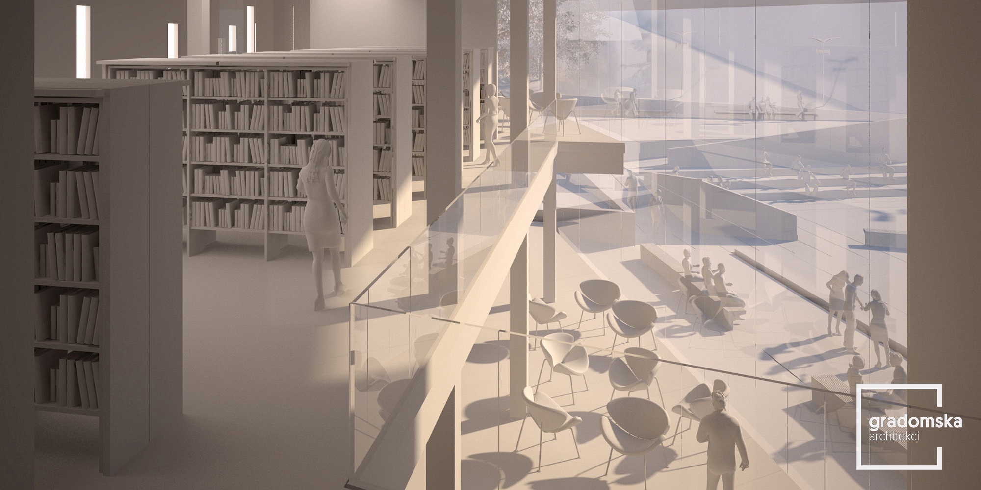 Projekt koncepcyjny biblioteki miejskiej w Świeciu. Gradomska Architekci. Wizualizacja 3