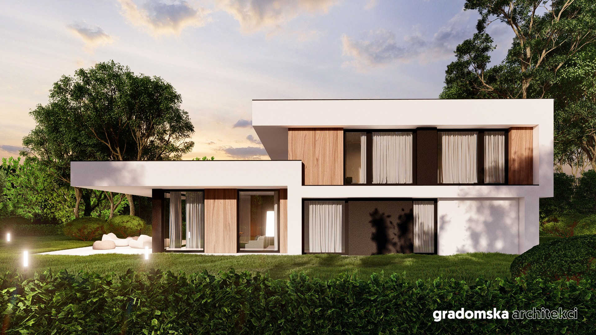 Projekt budyneku mieszkalnego jednorodzinnego, położonego na skraju zielonych płuc Łodzi. Gradomska Architekci. Wizualizacja 1
