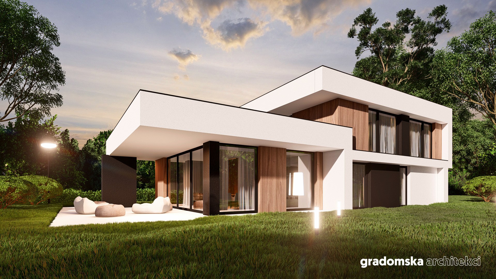Projekt budyneku mieszkalnego jednorodzinnego, położonego na skraju zielonych płuc Łodzi. Gradomska Architekci. Wizualizacja 2