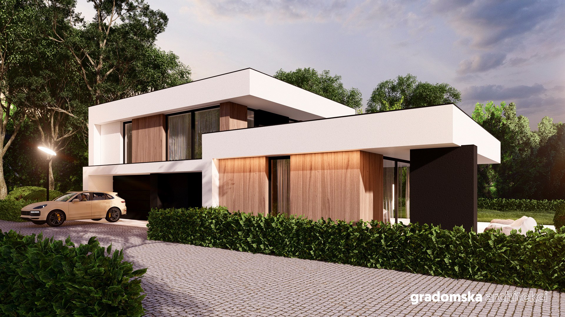 Projekt budyneku mieszkalnego jednorodzinnego, położonego na skraju zielonych płuc Łodzi. Gradomska Architekci. Wizualizacja 3