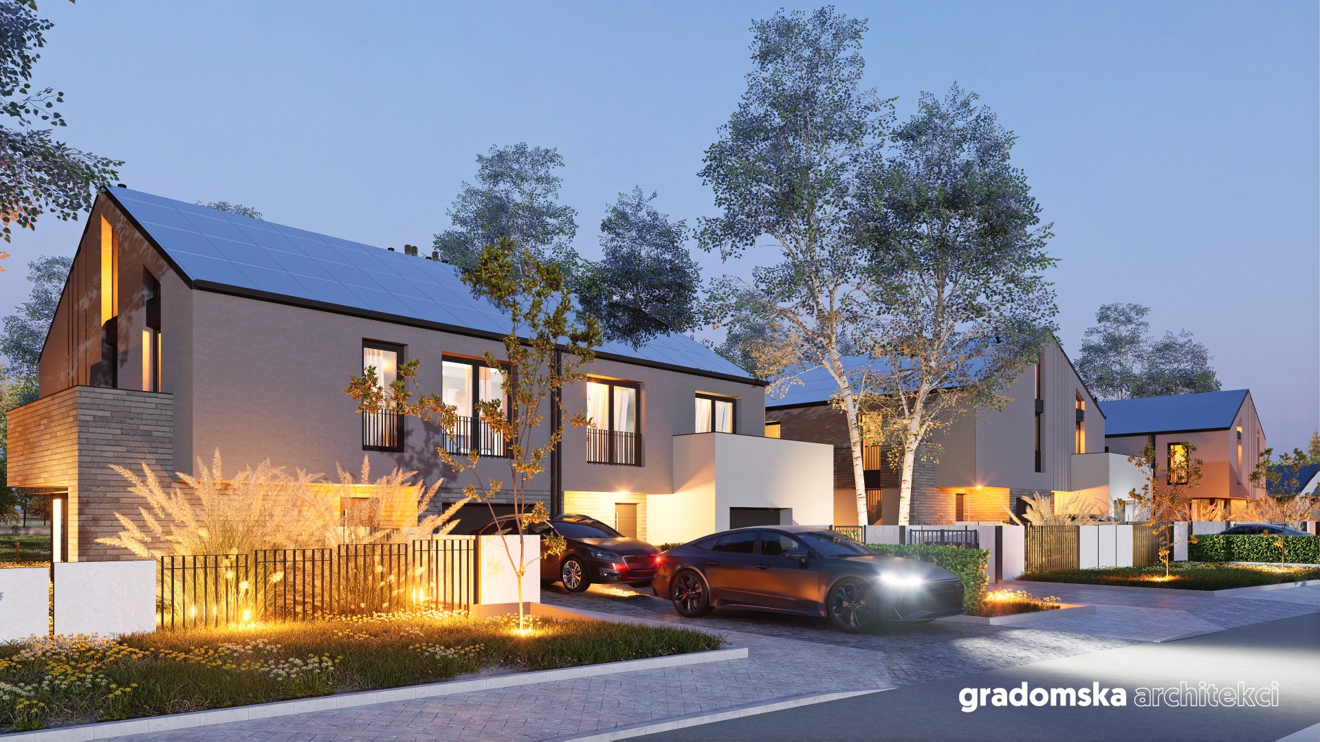 Projekt osiedla budynków jednorodzinnych wolnostojących dwulokalowych. Gradomska Architekci. Wizualizacja 1
