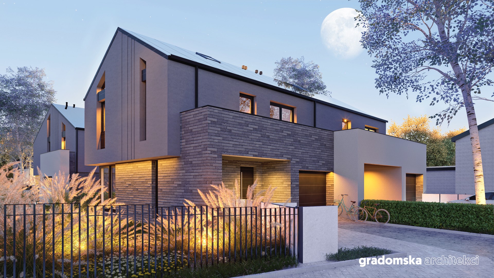 Projekt osiedla budynków jednorodzinnych wolnostojących dwulokalowych. Gradomska Architekci. Wizualizacja 2