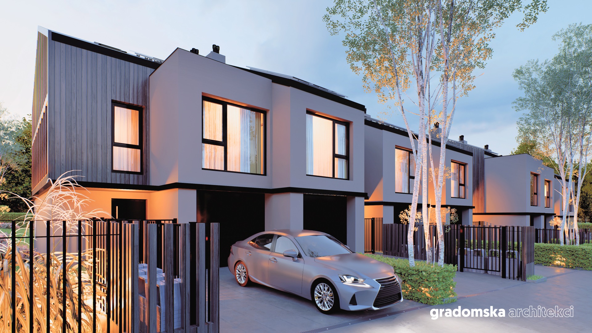 Projekt osiedla budynków jednorodzinnych w zabudowie szeregowej. Gradomska Architekci. Wizualizacja 1