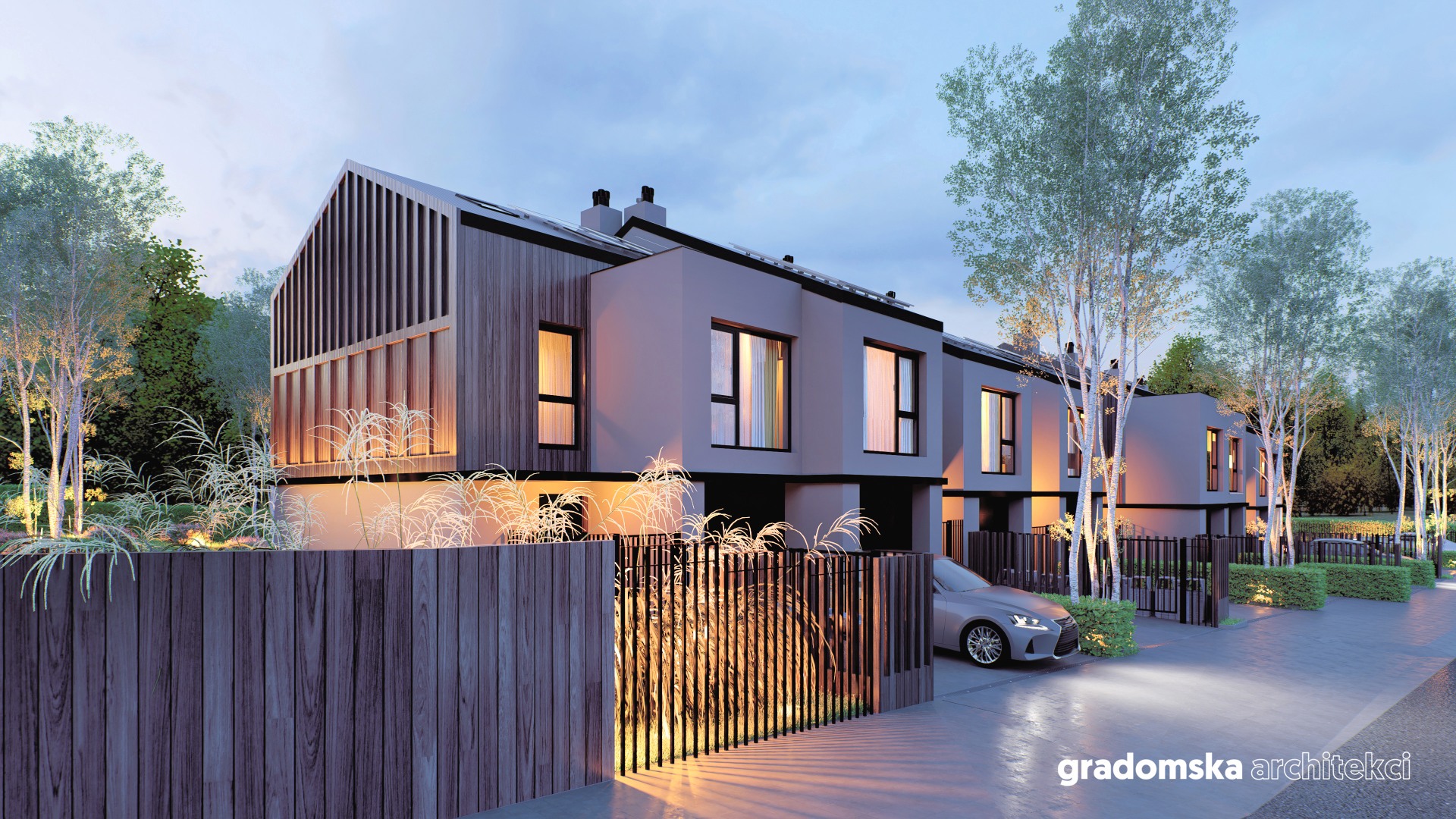 Projekt osiedla budynków jednorodzinnych w zabudowie szeregowej. Gradomska Architekci. Wizualizacja 2