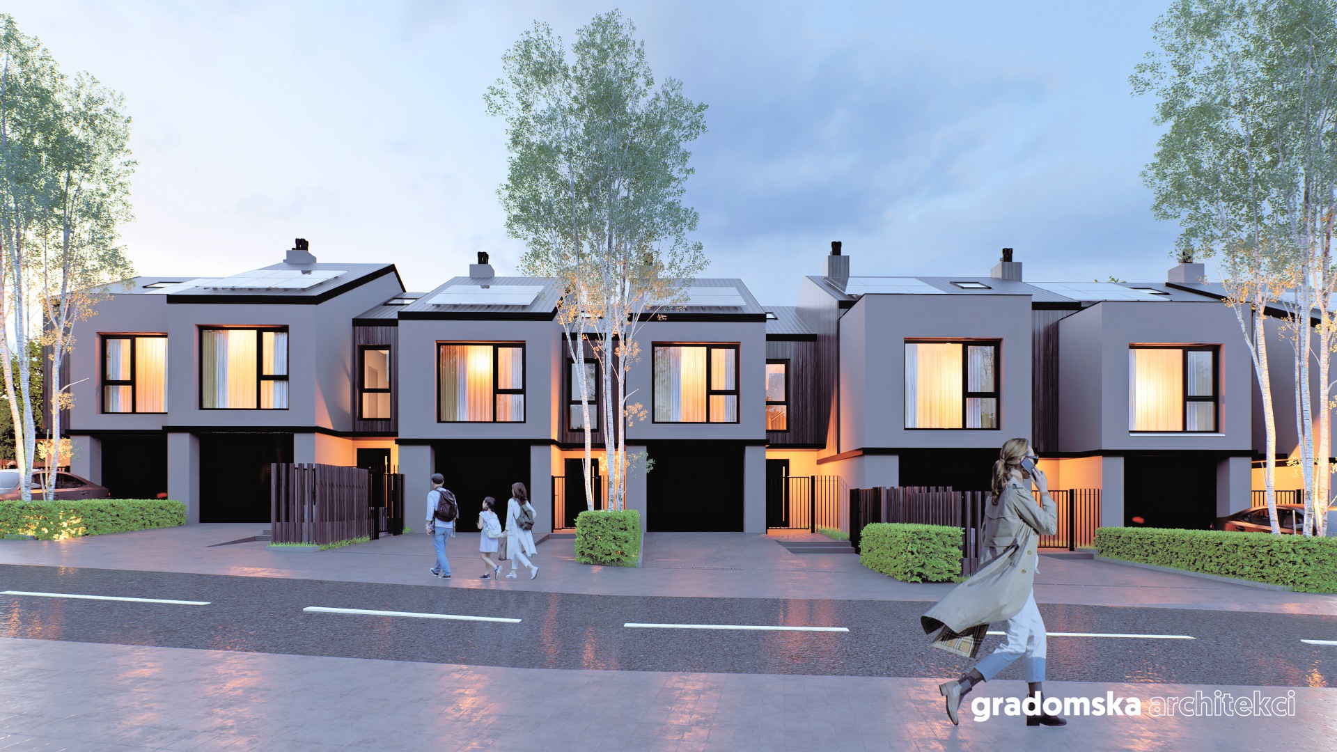 Projekt osiedla budynków jednorodzinnych w zabudowie szeregowej. Gradomska Architekci. Wizualizacja 3