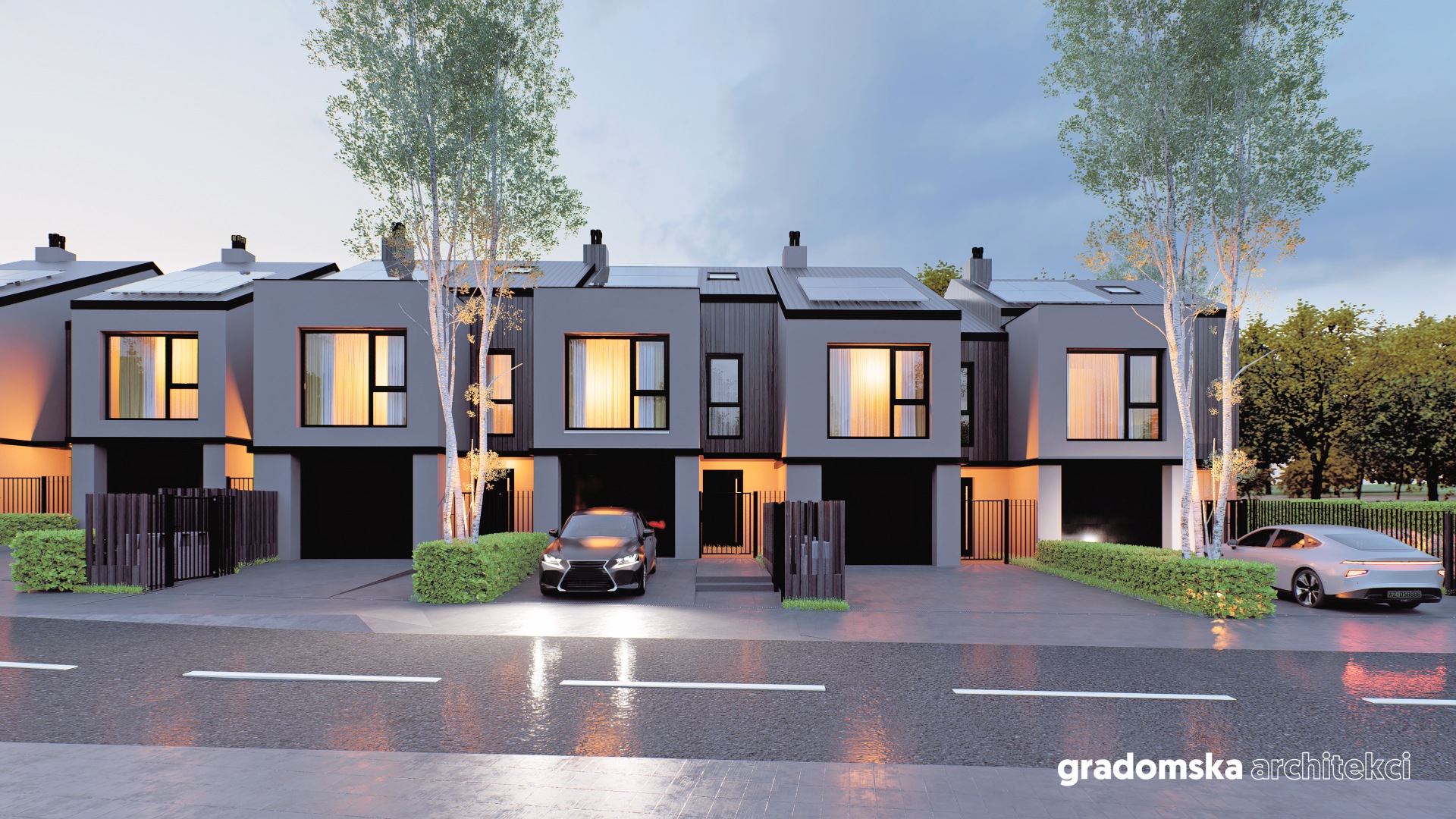 Projekt osiedla budynków jednorodzinnych w zabudowie szeregowej. Gradomska Architekci. Wizualizacja 5