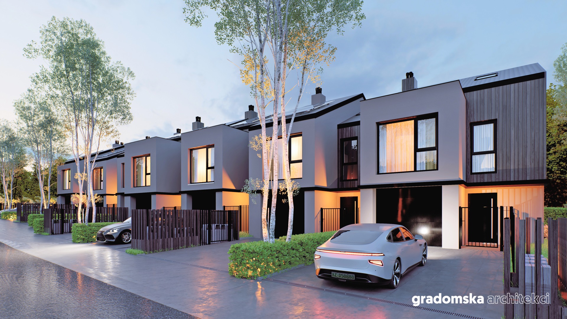 Projekt osiedla budynków jednorodzinnych w zabudowie szeregowej. Gradomska Architekci. Wizualizacja 6