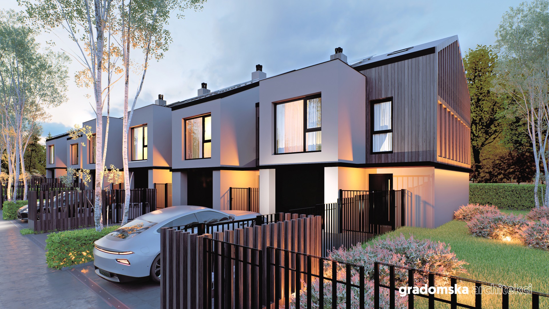 Projekt osiedla budynków jednorodzinnych w zabudowie szeregowej. Gradomska Architekci. Wizualizacja 7