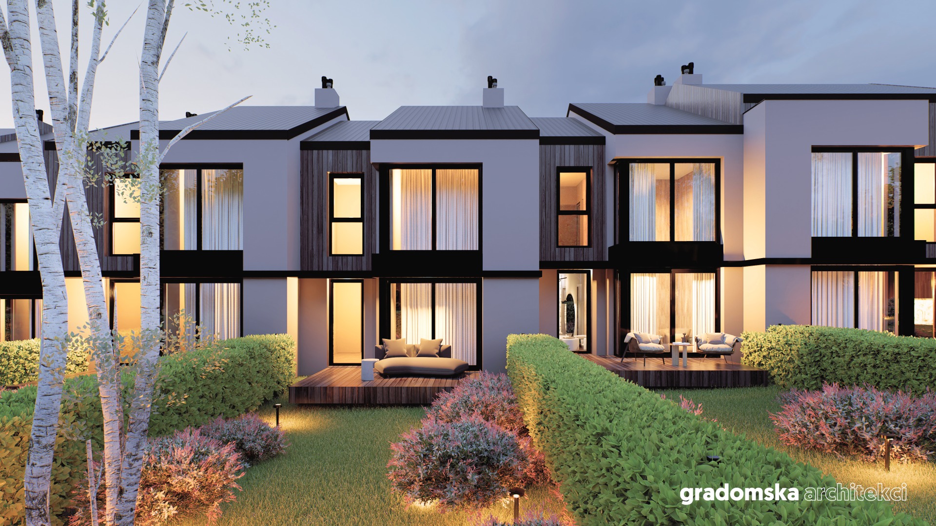 Projekt osiedla budynków jednorodzinnych w zabudowie szeregowej. Gradomska Architekci. Wizualizacja 8