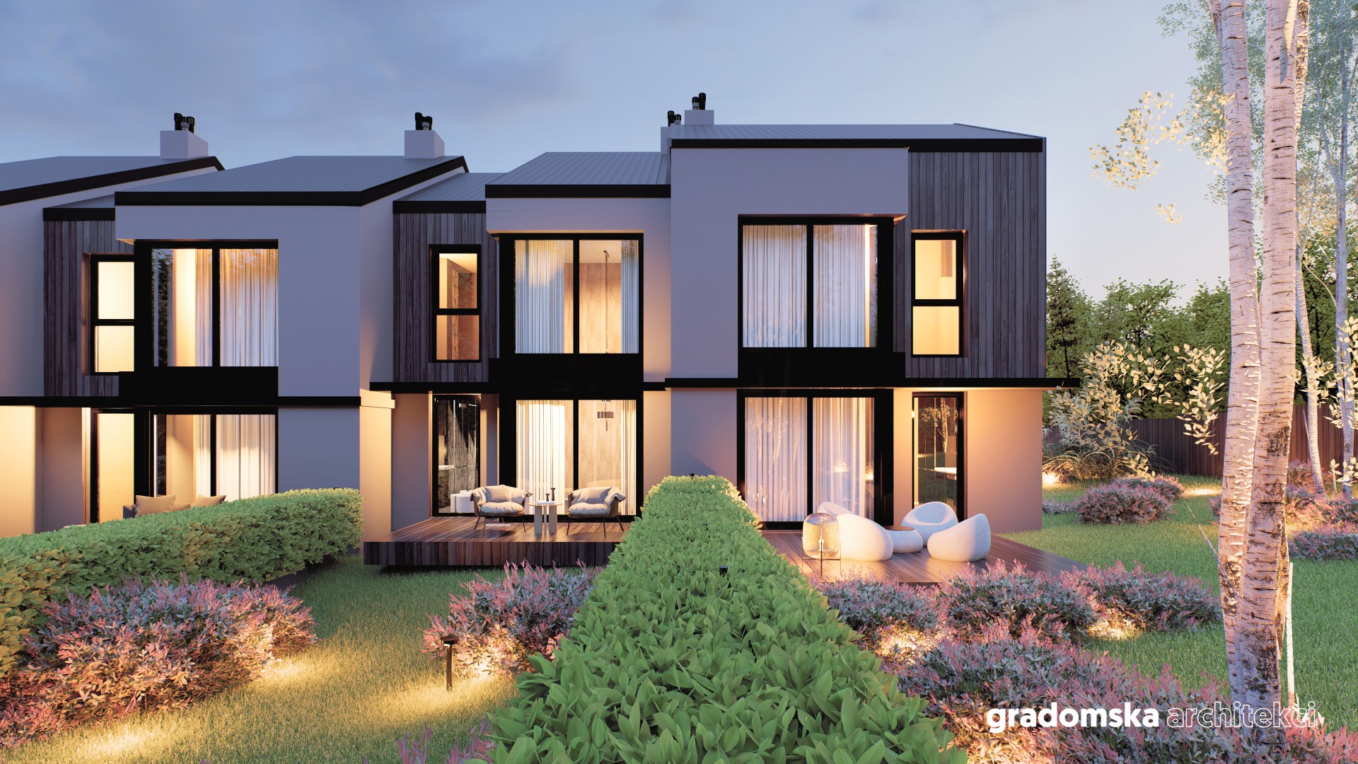 Projekt osiedla budynków jednorodzinnych w zabudowie szeregowej. Gradomska Architekci. Wizualizacja 9