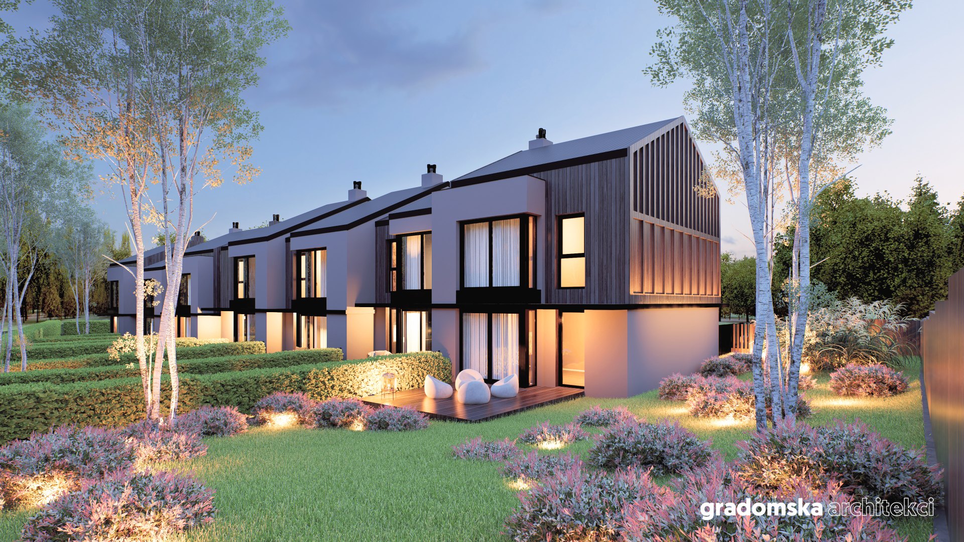 Projekt osiedla budynków jednorodzinnych w zabudowie szeregowej. Gradomska Architekci. Wizualizacja 10