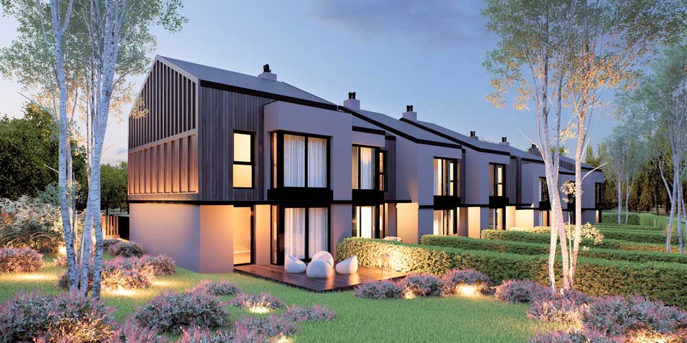 Zespół budynków jednorodzinnych w zabudowie szeregowej. Sieradz, Olendry Duże. Gradomska Architekci.