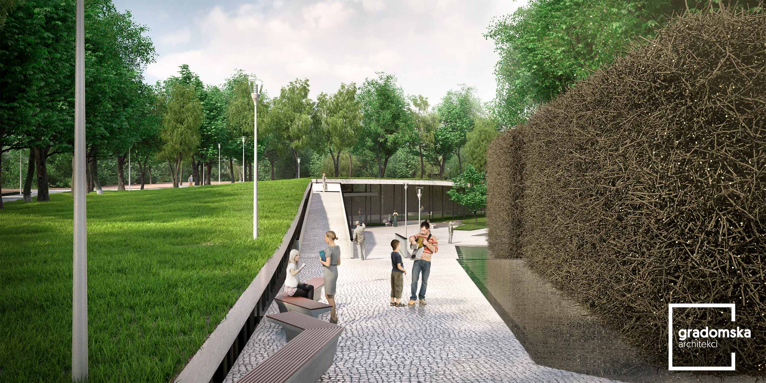 Projekt koncepcyjny tężni całorocznej zlokalizowanej w zabytkowym parku w Uniejowie. Gradomska Architekci. Wizualizacja 1