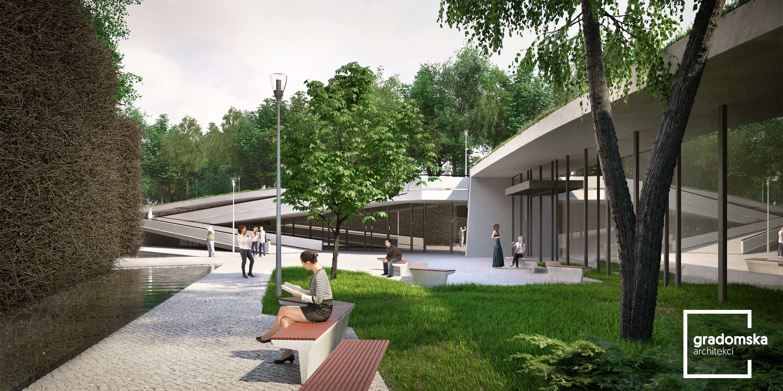 Projekt koncepcyjny tężni całorocznej zlokalizowanej w zabytkowym parku w Uniejowie. Gradomska Architekci. Wizualizacja 2