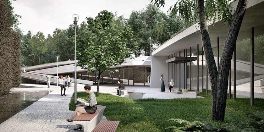 Projekt konkursowy na opracowanie koncepcji budynku tezni w Uniejowie. Gradomska Architekci.